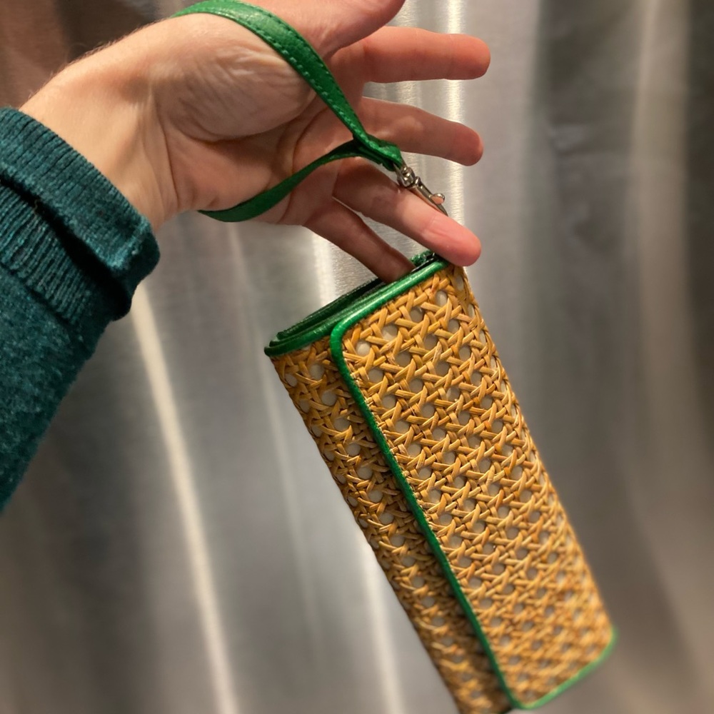 Super snazzy pocketbook clutch made out of wicker weave & pleather; pockets+++